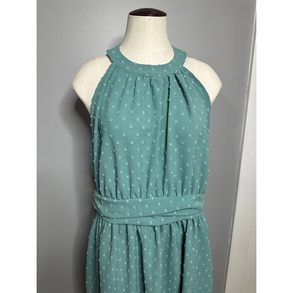 Green Halter Sleeveless Dress Swiss Dot Pattern 2XL Smocked Waist Keyhole Back